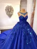 Royal Blue Ball Suknia Quinceanera Dresses 2022 Sheer Neck Sparkly Zroszony Koronki 3D Kwiatowy Kaplica Pociąg Sweety 1 Girls Prom Dress