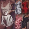 Summer Solid Color Women's Sleepwear Sexy Silk Satin Pajama Set White Lace V-Neck Pyjamas Sleeveless Cute Cami Top and Shorts 210809