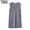 Women Sweet Fashion Bejewelled Buttons Plaid Knitted Mini Dress Vintage O Neck Sleeveless Female Dresses Mujer 210507