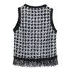 Vintage Tweed Tassel Vests Women Fashion Casual O Neck Short Coats Elegant Ladies Plaid Sleeveless 210531