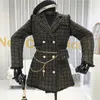 Fil d'or Plaid costume manteau femmes cranté double boutonnage plume gland garniture mince veste en tweed avec sac de ceinture gratuit 211019