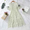 Kwiatowy Drukuj Sukienki Koreański Lato Wzburzyć Sleeve Szyfonowa Długość Kolana V-Neck Casual Casual Slostring Kobiety Dress 10235 210417