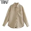 TRAF femmes mode avec poches surdimensionnées en velours côtelé Blouses Vintage à manches longues bouton pression femmes chemises Chic hauts 210415