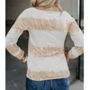 Fashion Women T-shirts Casual Tie Dye Striped Printed Lace Patchwork O Neck Buttons Long Sleeve Slim Tops Female Street Pullover 210526