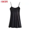 Tangada Mulheres Preto Cetim Curto Dress Strap Ajustar Sem Mangas Moda Coreana Lady Party Vestidos Vestido 3H281 210609