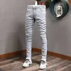 Rua moda homens jeans retro cinza elástico magro encaixe rasgado estilo coreano estirador estirativo casual denim lápis calças