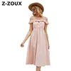 Frauen Kleid Rüschen Slash Hals Rosa Schulterfrei ES Plus Size Vintage Sexy Böhmische Sommerkleidung 210524