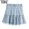 TRAF Женщины сладкая мода потертая кисточка лоскутная джинсовая мини юбка Винтаж высокой талии молния женские юбки Faldas Mujer 210415