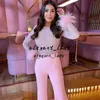 Rosa Jumpsuit Prom Klänningar Muslim Middle East Luxury Bead Top Feather Full Sleeve Outfit Pants Evening Wears Robes de Soirée