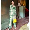 Maison Gabrielle Jedwabne Satynowe Drukowane Piżama Zestaw Piżamy Bliski Loungewear Dla Kobiet 2 Sztuki Długa Sleeve Plus Size Pajama 211112