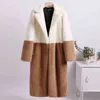 女性の冬の暖かいフェイクの毛皮のコートの色のパッチ厚い長いターンダウンカラーカザコフェミニノ211220