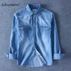 Schinteon Wiosna Jesień Mężczyźni Denim Cienka Koszula Z Długim Rękawem Miękkie 100% Bawełniane Dwa Kieszenie Slim Nieznaczne Elastyczne Dżinsy Cowboy 4XL 210809