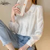 Elegancki Lapel Białe Koszule Koronki Z Długim Rękawem Hollow Out Spliczenie Koreański Ubrania Kobiet Top i Bluzka 13365 210427