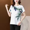 Korean Woman Tshirts Short Regular Shirts for Women White Silk Floral T-shirt Female Summer Tops OL Clothes 210604