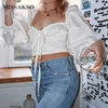 Missakso Women Backless Crop Top Zwart Lace Up Streetwear Long Puff Sleeve Fashion Ladies V Neck Sexy Autumn White Shirt 210625