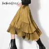 Vintage ruches rok voor vrouwen hoge taille patchwork Midi temperament rokken vrouwelijke mode kleding 210521