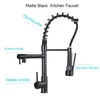 Spring Down Matte Black Kitchen Mixer Faucet Палуба смонтирована двойной носик кухонные раковины кран краны портативные распылитель душевая головка 210724