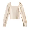 Women Apricot Black Pullover Square Collar Knitted T-shirt Puff Long Sleeve Top B0715 210514
