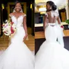 Африка Русалка свадебные платья свадебные платья Сексуальная иллюзия обратно Чисто белая крышка рукава вышивка бисером кружева невесты