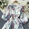 Women Fashion Spring Wear V Neck Long Sleeve Elegant Printed Corset Short A-line Dress Vintage Korean Vestidos S478 210527