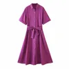 vintage women elegant purple long dress fashion ladies turn down collar button es female chic girls cute 210430