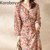 Korobov nieuwe aankomst vrouwen jurk zoete print chique chiffon vrouwelijke jurken vintage elegante lange mouw v-hals gewaad femme 210430