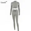Liooil Sexy Two Piece Tight Set Women Tracksuit Zip Up Crop Tops And Long Pants Drawstring Black White Sweatsuit Outfits Sets Y0625
