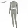 Liooil Sexy Due Pezzi Stretto Set Donna Tuta Zip Up Crop Top E Pantaloni Lunghi Coulisse Nero Bianco Tuta Completi Y0625