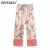 KPYTOMOA Kadınlar 2021 Moda Yan Cepler Çiçek Baskı Düz ​​Pantolon Vintage Yüksek Elastik Bel İpli Kadın Pantolon Mujer Q0801