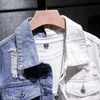 Mężczyźni Hip Hop Slim Blue White Patchwork Bawełna Dżinsy Kurtki Motocykl Mężczyzna Solid Casual Streetwear Denim Kurtka Plus Rozmiar 5XL X0621