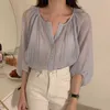 Korejpaa femmes chemise été tempérament simple boutonnage sept points lanterne manches micro-transparent crème solaire Blouses 210526