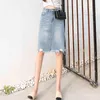 Summer Denim Skirt Women Midi s Solid High Waist Knee-length Tassel Teen Light Blue faldas B03108B 210421