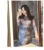 Party Jurken H Han Rainha Outono Sensual Vestido Lápis de Renda Azul Patchwork Vestido Para Mulheres Com Bainha Transparante Para Trabalho Ol