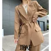 Moda donna con blazer avvolgenti legati Cappotto Tasche a maniche lunghe vintage Capispalla femminile Chic Top 210507
