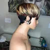 Short Straight Bob Pixie Cut None Lace Front Human Hair Black /Ombre Blonde Brown Wig With Bangs For Women