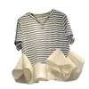 Vår sommar oregelbundna Ruffles Patchwork Striped Short-Sleeved O Neck T-shirt Kvinnors Topp 210615