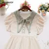 Högkvalitativ Kvinnor Sommar Sundress Fransk Retro Polo Collar Floral Broderi Bow Vestidos Kvinna Elegant Lace Chiffon Dress 210520