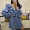 Denim Dress Puff Sleeve Mini Short Summer Ruffled V-Neck Stitching Loose Lace Girls Doll D3025 210514