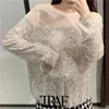 Traf Women Sexy Fashion Mesh Patchwork cekiny bluzki vintage o szyi długie rękawe żeńskie koszule Blusas Chic Tops 210415