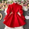 Dresses Autumn High Waist Red Big Swing Puff Long Sleeve Turtleneck Dress Women Wild Casual Retro Fashion Vestidos Solid 210610