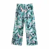 Women Summer Stylish Chiffon Leaves Print Pants Ladies Vintage Elastic Waist Straight Calf-Length Trousers Chic Pantalones 210521