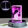Özelleştirilmiş Kristal Po Çerçeve Renkli LED Baz Lazer Kazınmış Resim Hediyelik Eşya Hediye Kişiselleştirilmiş Cam Düğün PO Çerçeve 210611