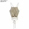 Zevity New Women Spaghetti Strap Sexy Chic Solid Camis Tank Lady Summer Backless Cross Lace Up Sling Short Crop Tops LS9010 210419