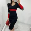 Fall Winter Sweater Dress Women Fashion O-Neck Full Sleeve Color Patchwork Sheath Knitted Vestidos Female 210519