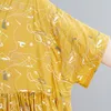 Johnature Women Yellow Print Floral Dresses O-Neck Half Sleeve High Waist Robes Autumn Cotton Blend Korean Style Dress 210521