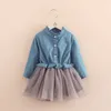 Lente herfst 2 3 4 6 8 10 11 12 jaar Teenage Crew Neck Lange Mouw Kant Mesh Patchwork Denim Jurk voor Baby Kids Girls 210625