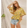 Casual Women Flare Sleeve Tunic Blus Shirt Vintage 90-tal V-ringning Floral Print Top Fashion Ladies Summer Boho Beach Tops Sym1901 Kvinnor Blus