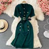 Neploe Stand Collar Office Elegant Robe Female Short Sleeve Button Double Breasted Dress Woman Belt Slim Waist Split Vestidos Y0726