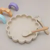 Verkoop BPA Gratis Kinderen Servies Ovaal Kant Leuke Voedselplaten Waterdichte Kom Effen Kleur Lepel Vork Set Baby Stuff 211026