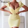 Colysmo Robe de soirée jaune Femmes Vintage Col carré Manches courtes Avant Zippé Sexy Moulante Été Push Up Mini es 210527